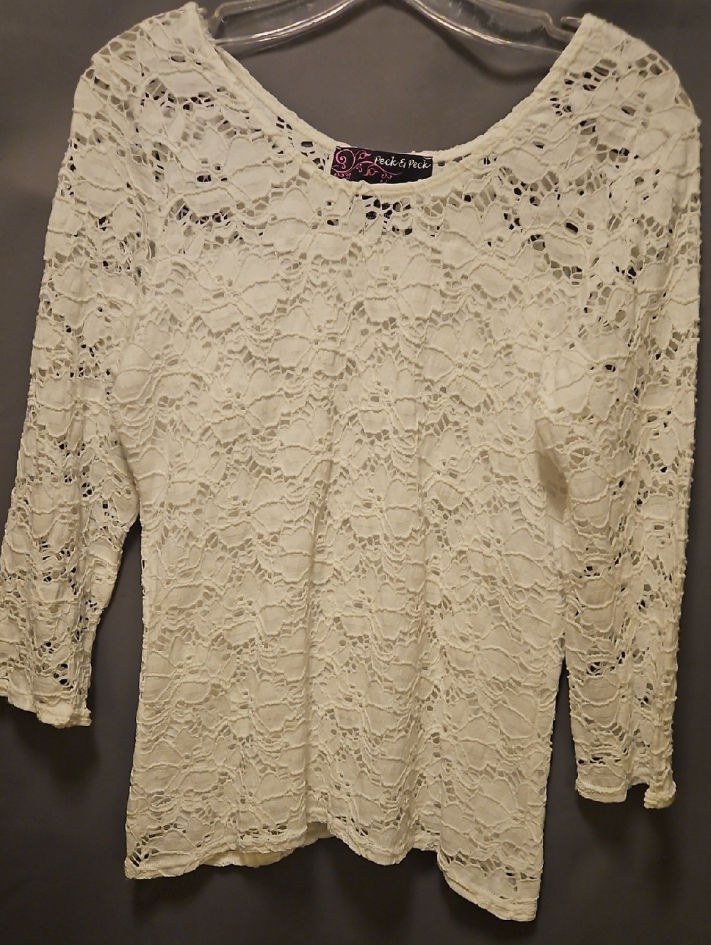 Peck & Peck Womens Cream Lace Scoop Neck Blouse Sz Large